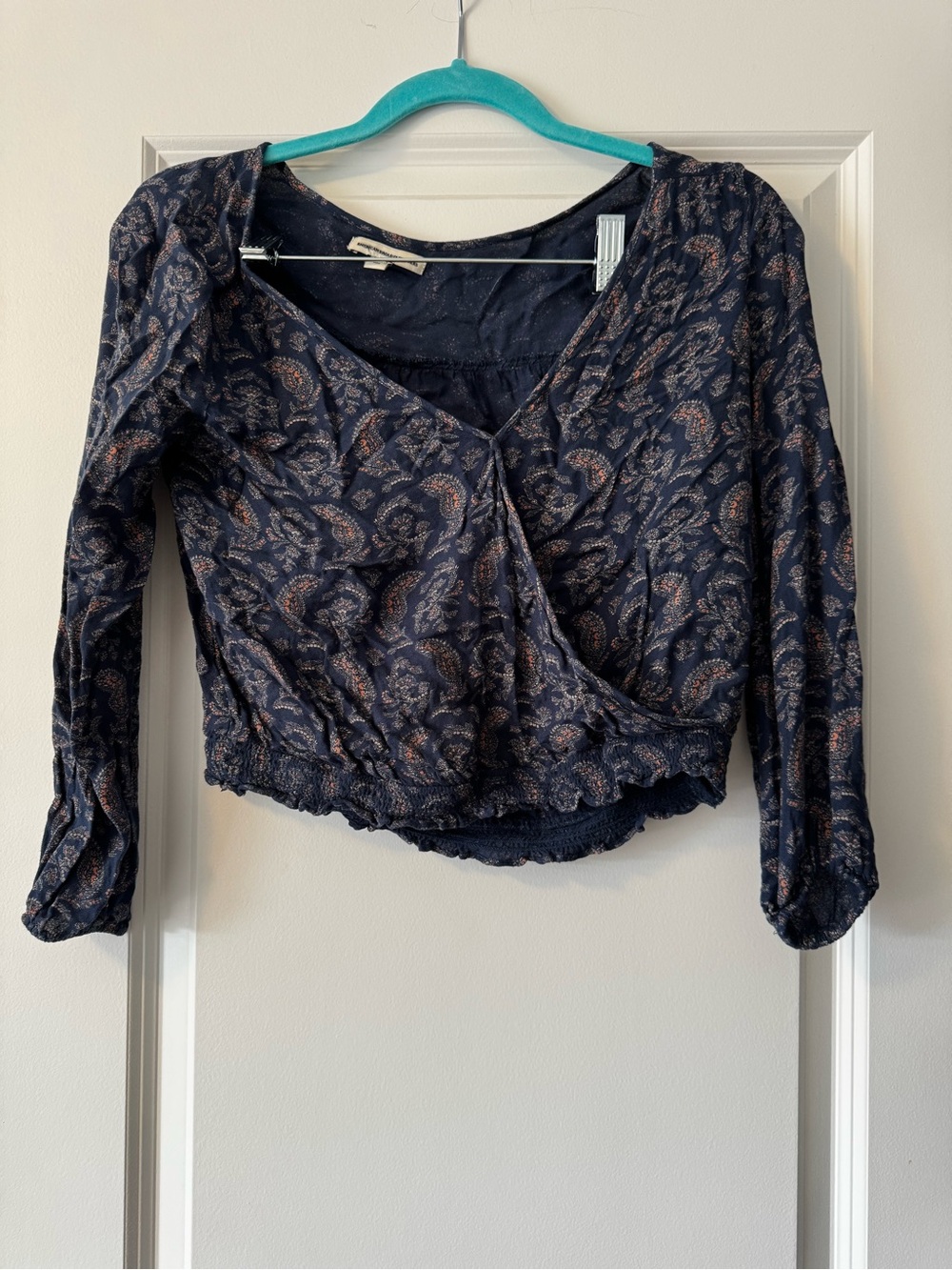 American Eagle Outfitters Navy Paisley Wrap Crop Top with Rust Accents